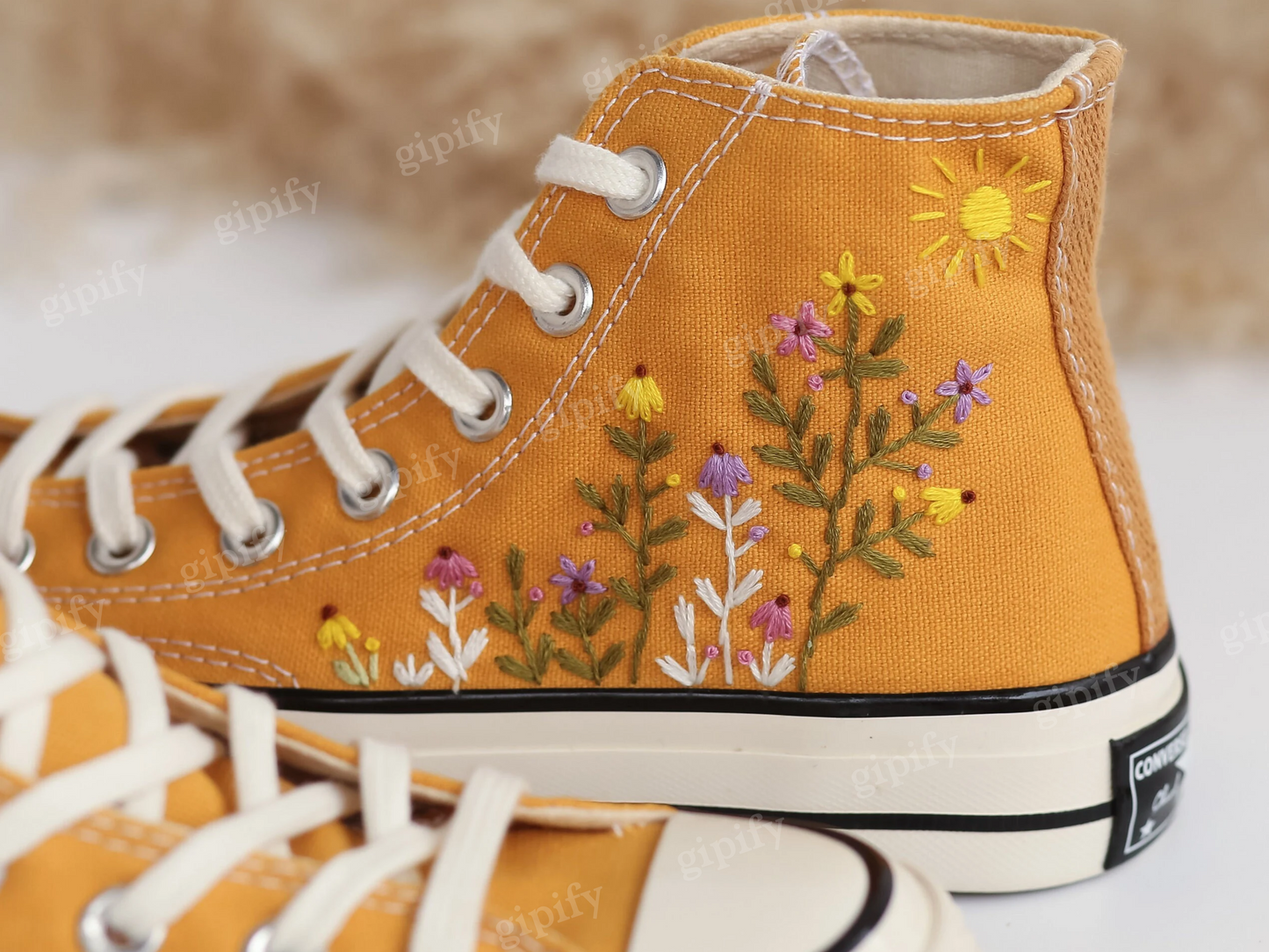 Custom Embroidered Converse High Tops, Dandelions and Flower Garden Embroidered Converse Chuck Taylor 1970s, Valentine Gift, Wedding Gifts