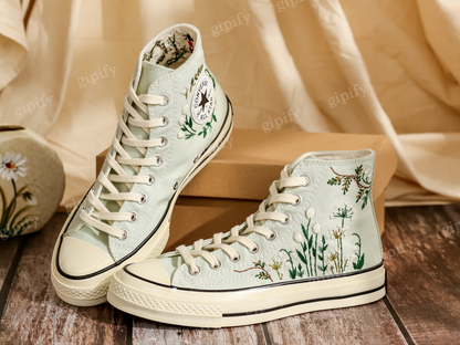 Customized Embroidered Converse High Tops, Flower Embroidered Shoes Women, Personalized Sneakers, Wedding Converse for Bride, Handmade Gift