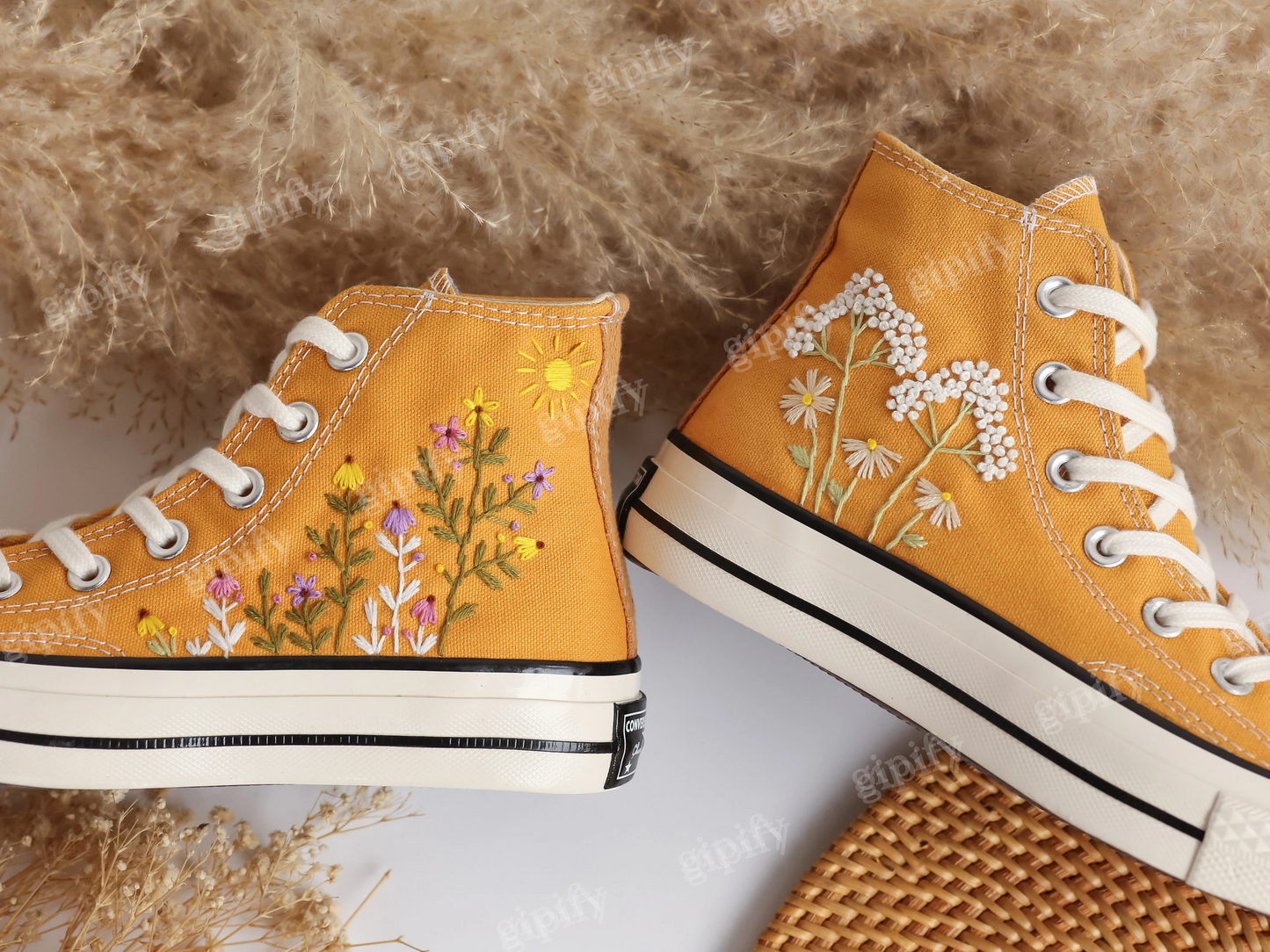 Custom Embroidered Converse High Tops, Dandelions and Flower Garden Embroidered Converse Chuck Taylor 1970s, Valentine Gift, Wedding Gifts