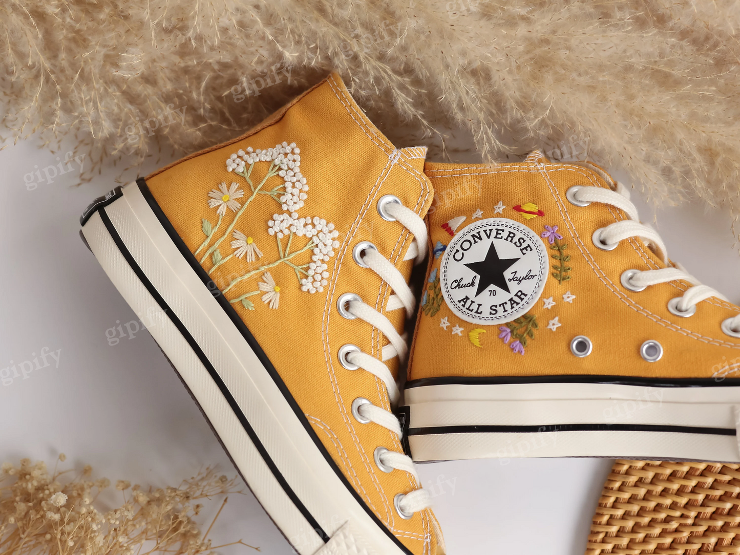 Custom Embroidered Converse High Tops, Dandelions and Flower Garden Embroidered Converse Chuck Taylor 1970s, Valentine Gift, Wedding Gifts