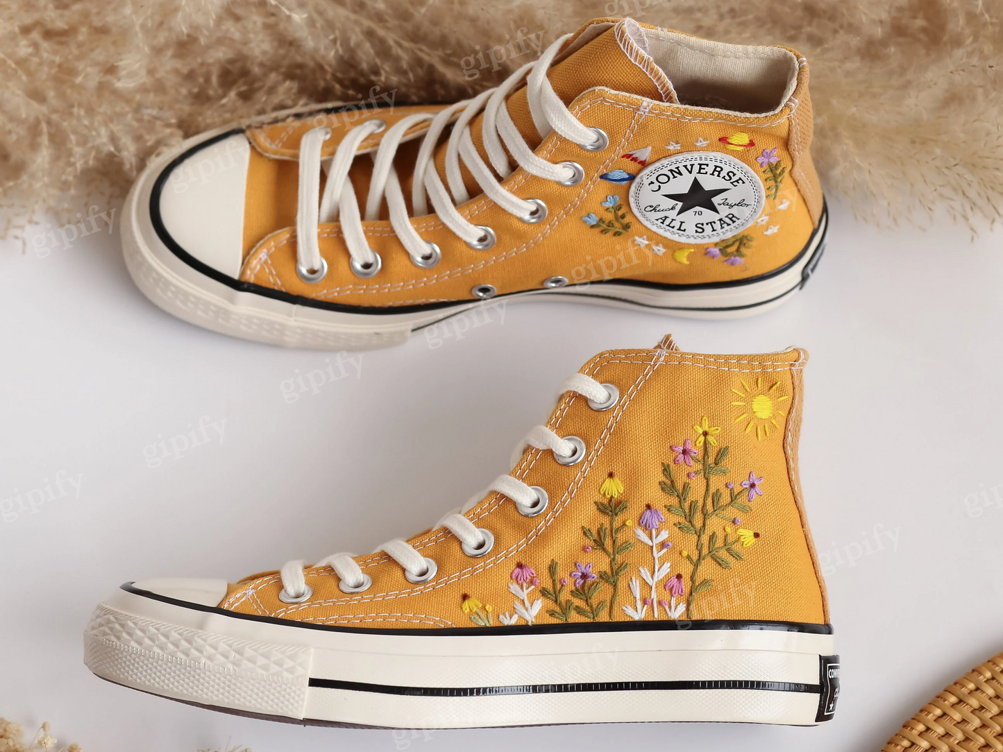 Custom Embroidered Converse High Tops, Dandelions and Flower Garden Embroidered Converse Chuck Taylor 1970s, Valentine Gift, Wedding Gifts