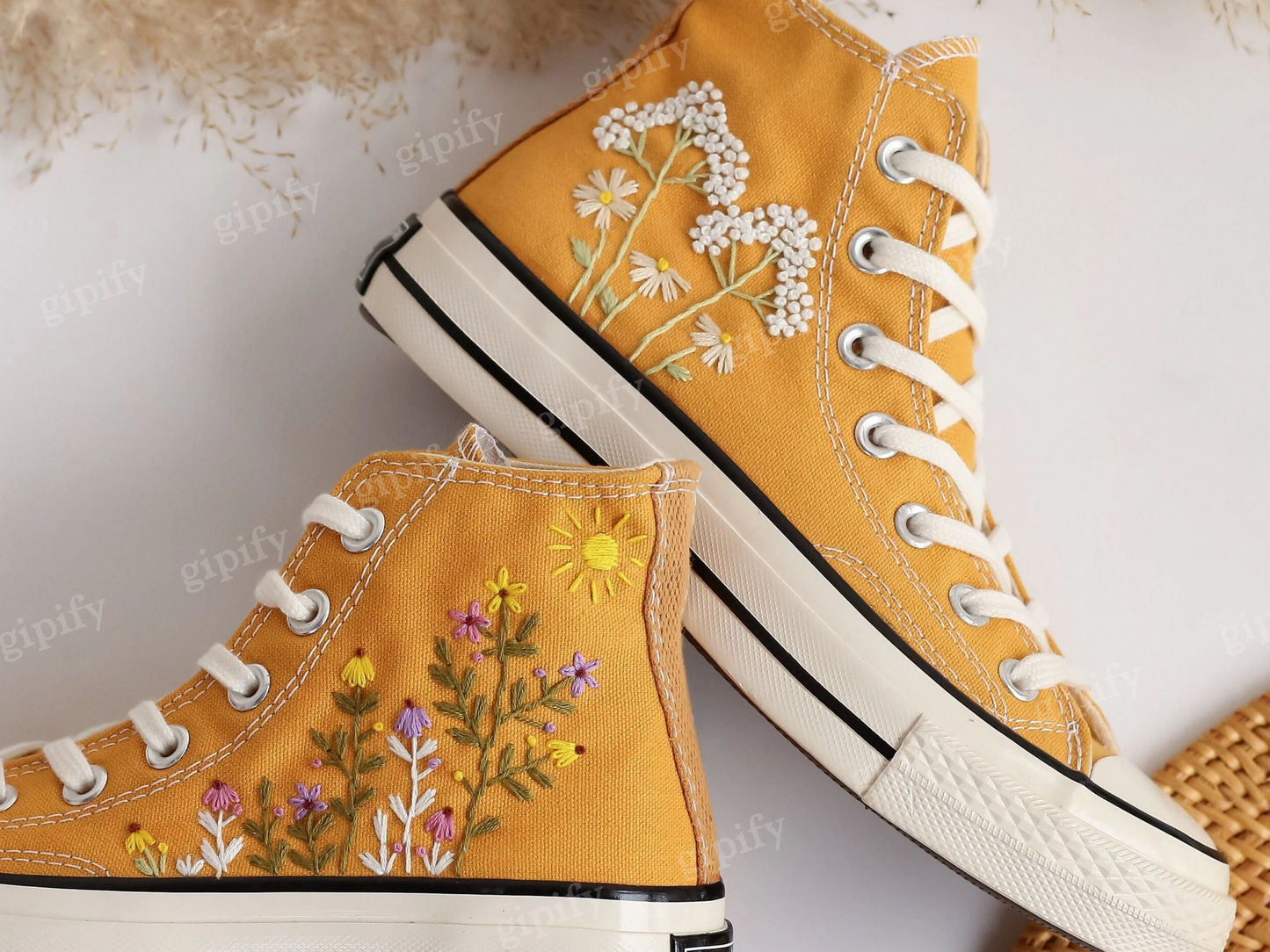 Custom Embroidered Converse High Tops, Dandelions and Flower Garden Embroidered Converse Chuck Taylor 1970s, Valentine Gift, Wedding Gifts