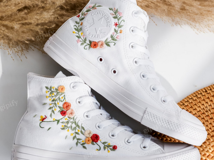 Custom Wedding Converse For Bride, Bridal Flowers Embroidered Shoes for Wedding, Floral Embroidered Sneakers Wedding, Rustic Wedding Gift