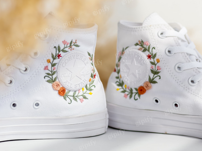 Custom Wedding Converse For Bride, Bridal Flowers Embroidered Shoes for Wedding, Floral Embroidered Sneakers Wedding, Rustic Wedding Gift