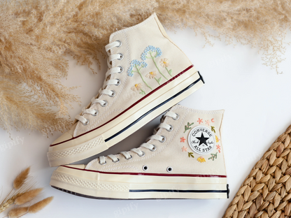 Embroidered Converse, Custom Converse High Tops Embroidered Dandelion, Flower Embroidered Converse Sneakers Chuck Taylor Embroidered Flower