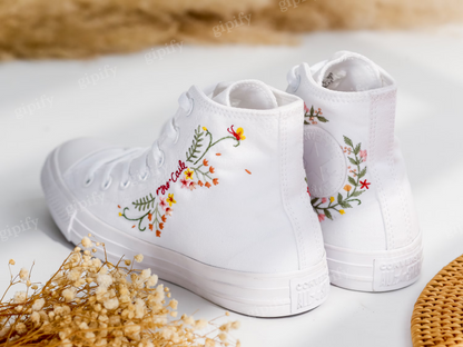 Custom Wedding Converse For Bride, Bridal Flowers Embroidered Shoes for Wedding, Floral Embroidered Sneakers Wedding, Rustic Wedding Gift