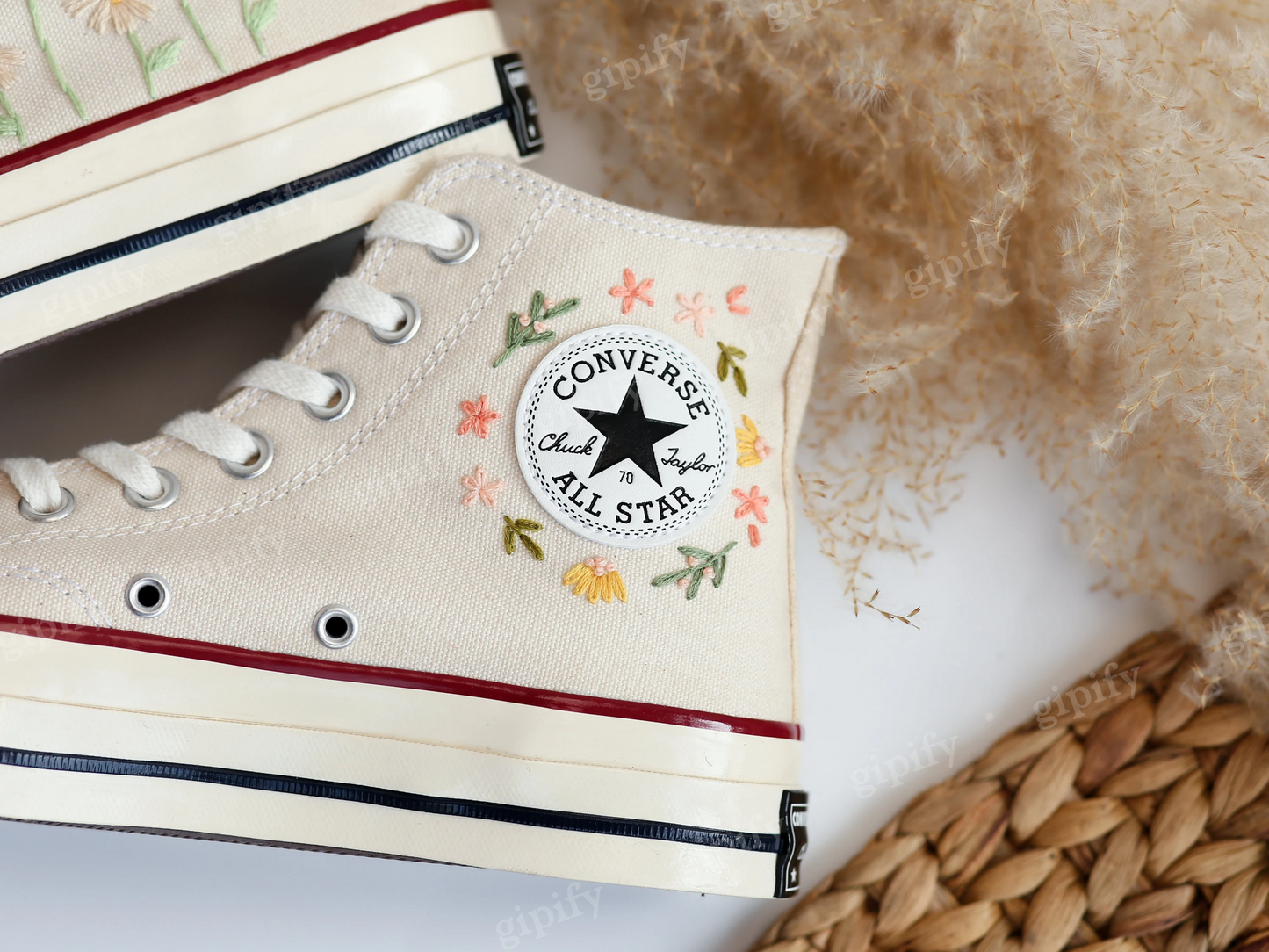 Embroidered Converse, Custom Converse High Tops Embroidered Dandelion, Flower Embroidered Converse Sneakers Chuck Taylor Embroidered Flower