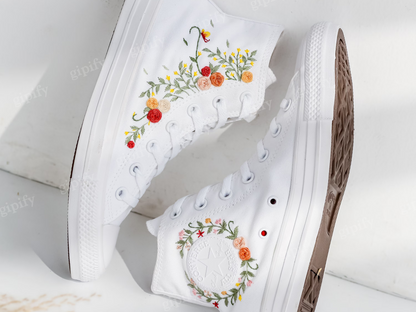 Custom Wedding Converse For Bride, Bridal Flowers Embroidered Shoes for Wedding, Floral Embroidered Sneakers Wedding, Rustic Wedding Gift