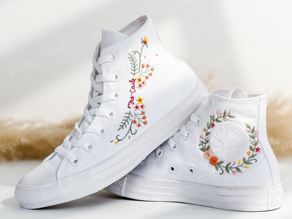 Custom Wedding Converse For Bride, Bridal Flowers Embroidered Shoes for Wedding, Floral Embroidered Sneakers Wedding, Rustic Wedding Gift