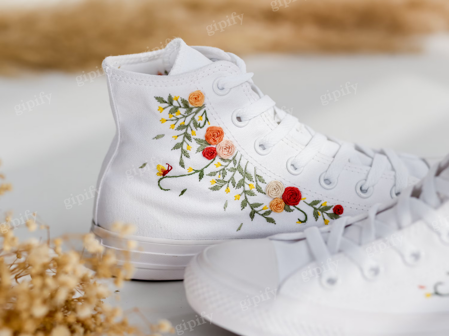 Custom Wedding Converse For Bride, Bridal Flowers Embroidered Shoes for Wedding, Floral Embroidered Sneakers Wedding, Rustic Wedding Gift