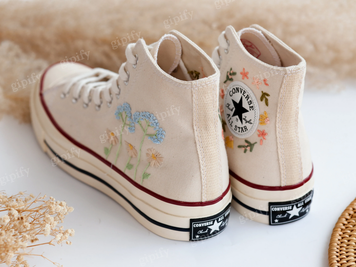 Embroidered Converse, Custom Converse High Tops Embroidered Dandelion, Flower Embroidered Converse Sneakers Chuck Taylor Embroidered Flower