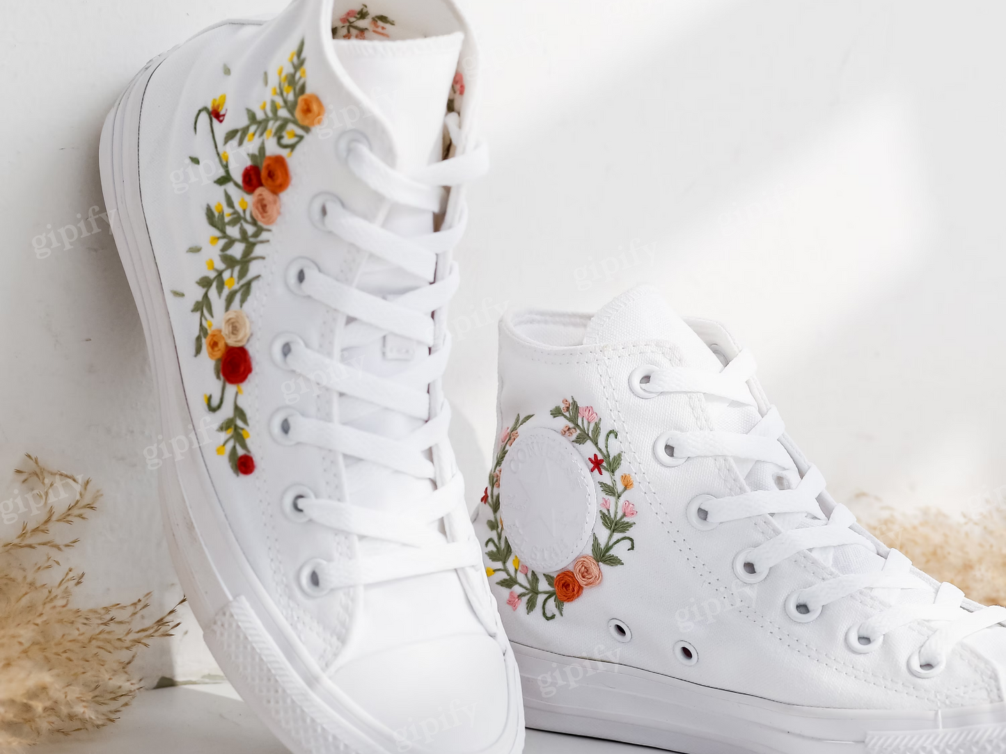 Custom Wedding Converse For Bride, Bridal Flowers Embroidered Shoes for Wedding, Floral Embroidered Sneakers Wedding, Rustic Wedding Gift