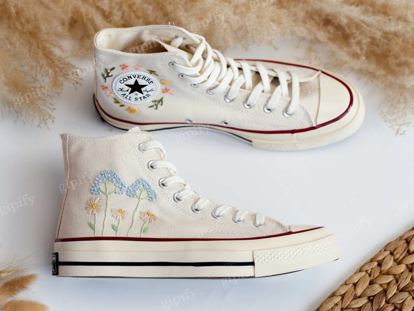 Embroidered Converse, Custom Converse High Tops Embroidered Dandelion, Flower Embroidered Converse Sneakers Chuck Taylor Embroidered Flower