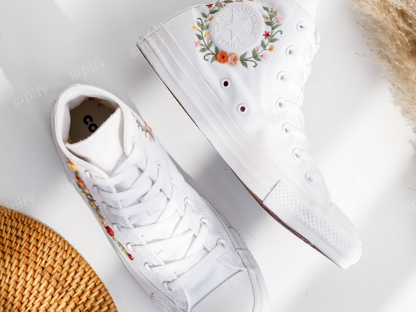 Custom Wedding Converse For Bride, Bridal Flowers Embroidered Shoes for Wedding, Floral Embroidered Sneakers Wedding, Rustic Wedding Gift