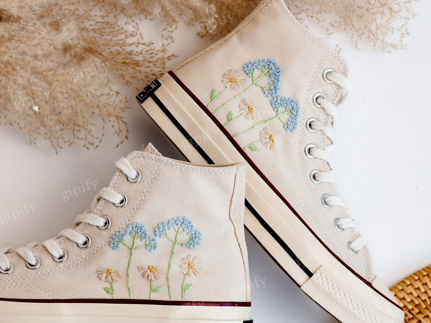 Embroidered Converse, Custom Converse High Tops Embroidered Dandelion, Flower Embroidered Converse Sneakers Chuck Taylor Embroidered Flower