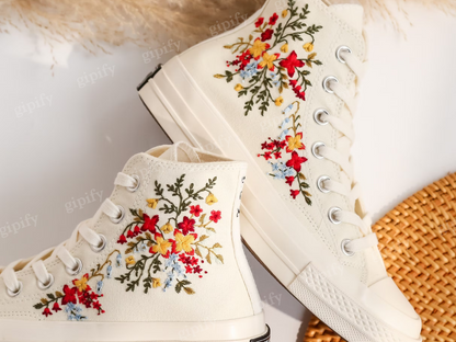 Wedding Sneaker for Bride, Wedding Flowers Embroidered Converse Custom, Wildflower Bridal Bouquet Embroidered Shoes, Gifts for Girlfriend