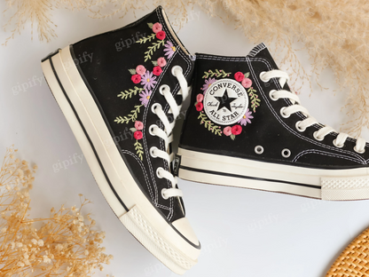 Custom Embroidered Converse High Tops, Wedding Flowers Embroidered Converse, Bridal Flowers Embroidered Sneaker, Personalized Bridal Sneaker