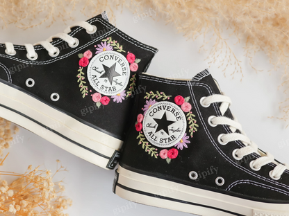 Custom Embroidered Converse High Tops, Wedding Flowers Embroidered Converse, Bridal Flowers Embroidered Sneaker, Personalized Bridal Sneaker