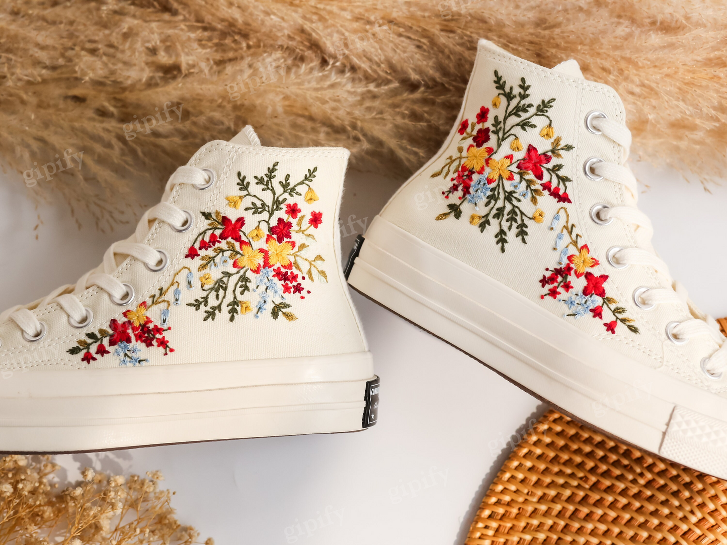 Wedding Sneaker for Bride, Wedding Flowers Embroidered Converse Custom, Wildflower Bridal Bouquet Embroidered Shoes, Gifts for Girlfriend