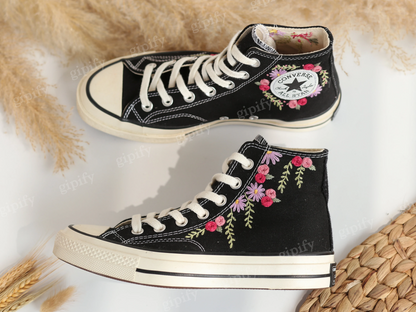 Custom Embroidered Converse High Tops, Wedding Flowers Embroidered Converse, Bridal Flowers Embroidered Sneaker, Personalized Bridal Sneaker