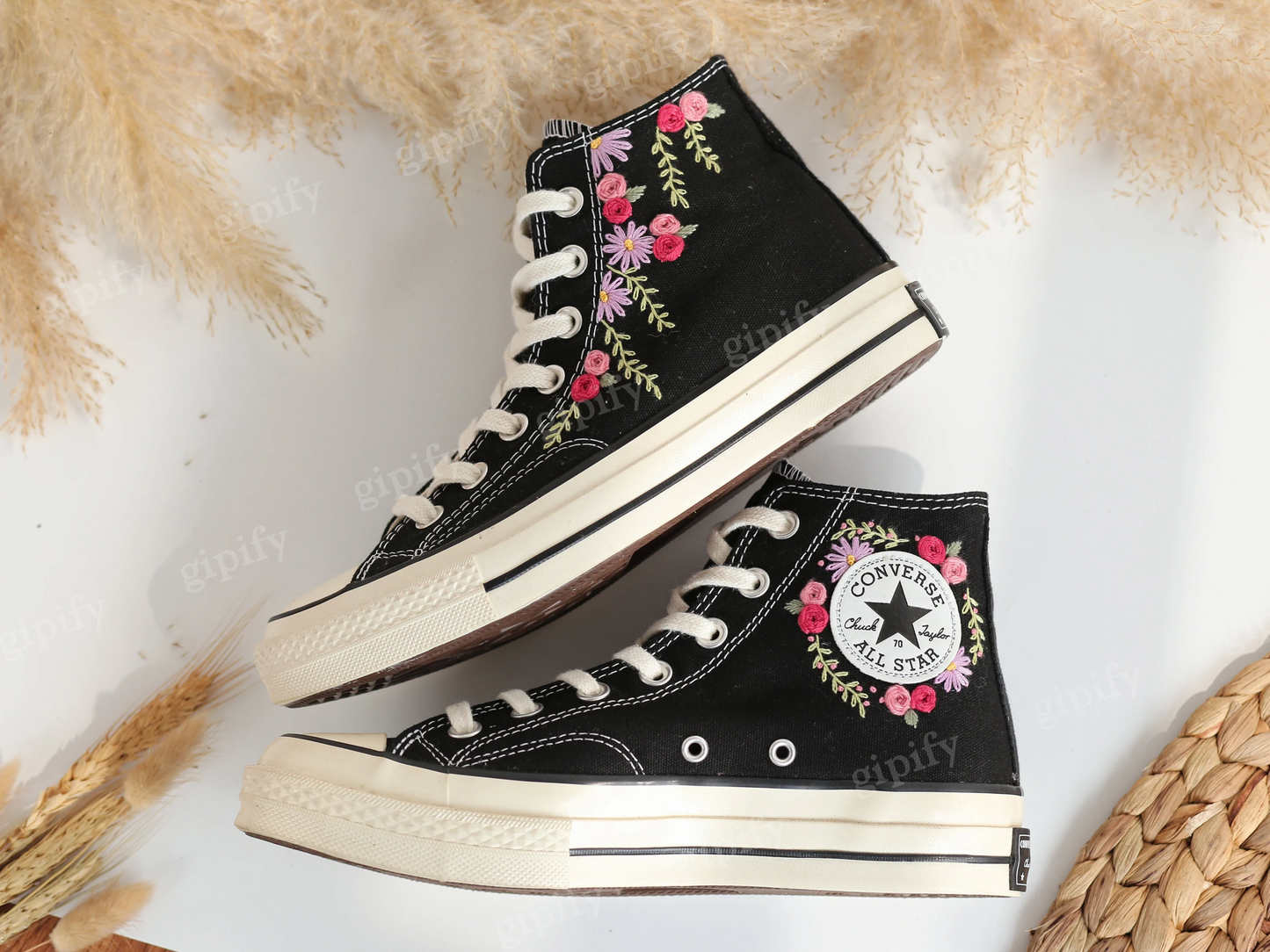 Custom Embroidered Converse High Tops, Wedding Flowers Embroidered Converse, Bridal Flowers Embroidered Sneaker, Personalized Bridal Sneaker