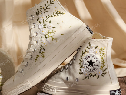 Custom Embroidered Wedding Converse, White Flowers Embroidered Sneakers for Bride, Embroidered Wedding Reception Shoes, Wedding Gifts