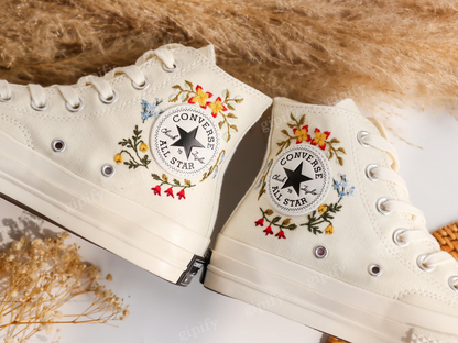 Wedding Sneaker for Bride, Wedding Flowers Embroidered Converse Custom, Wildflower Bridal Bouquet Embroidered Shoes, Gifts for Girlfriend