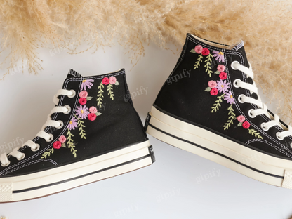 Custom Embroidered Converse High Tops, Wedding Flowers Embroidered Converse, Bridal Flowers Embroidered Sneaker, Personalized Bridal Sneaker