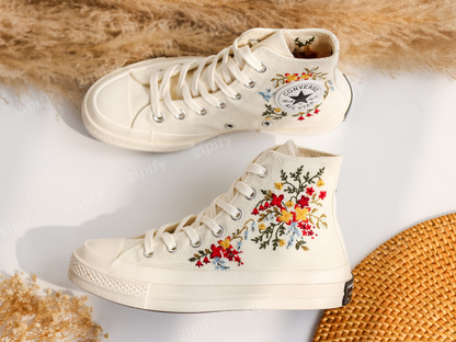 Wedding Sneaker for Bride, Wedding Flowers Embroidered Converse Custom, Wildflower Bridal Bouquet Embroidered Shoes, Gifts for Girlfriend