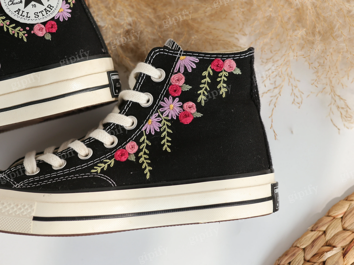 Custom Embroidered Converse High Tops, Wedding Flowers Embroidered Converse, Bridal Flowers Embroidered Sneaker, Personalized Bridal Sneaker