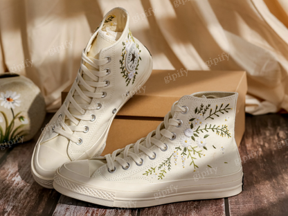 Custom Embroidered Wedding Converse, White Flowers Embroidered Sneakers for Bride, Embroidered Wedding Reception Shoes, Wedding Gifts