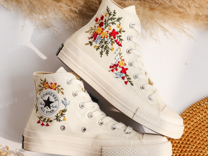 Wedding Sneaker for Bride, Wedding Flowers Embroidered Converse Custom, Wildflower Bridal Bouquet Embroidered Shoes, Gifts for Girlfriend