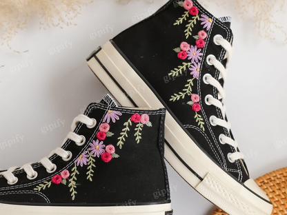 Custom Embroidered Converse High Tops, Wedding Flowers Embroidered Converse, Bridal Flowers Embroidered Sneaker, Personalized Bridal Sneaker