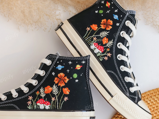 Embroidered Converse High Tops Taylor 1970s, Mushroom and Orange Flower Garden Embroidered Shoes Custom, Moon Universe Embroidered Sneakers