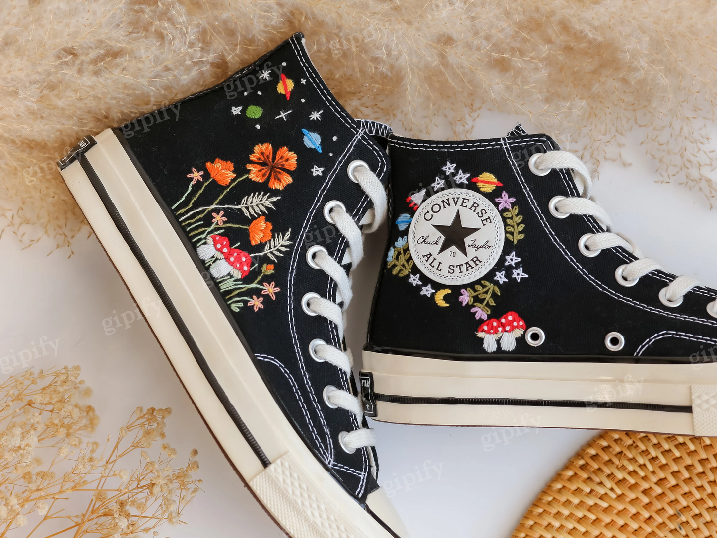 Embroidered Converse High Tops Taylor 1970s, Mushroom and Orange Flower Garden Embroidered Shoes Custom, Moon Universe Embroidered Sneakers