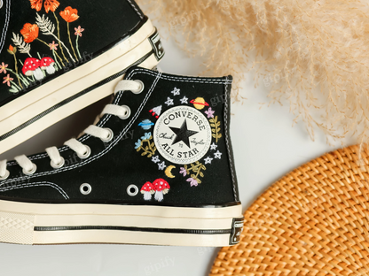 Embroidered Converse High Tops Taylor 1970s, Mushroom and Orange Flower Garden Embroidered Shoes Custom, Moon Universe Embroidered Sneakers