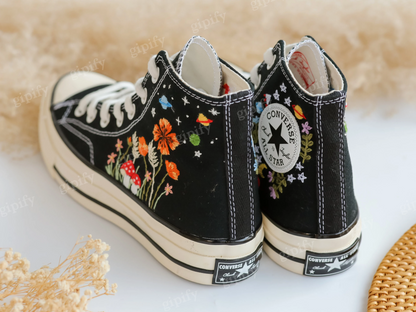 Embroidered Converse High Tops Taylor 1970s, Mushroom and Orange Flower Garden Embroidered Shoes Custom, Moon Universe Embroidered Sneakers