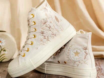 Custom Converse Platform, White Wedding Flowers Embroidered Converse, Bridal Flowers Embroidered Shoes, Flowers Embroidered Sneakers