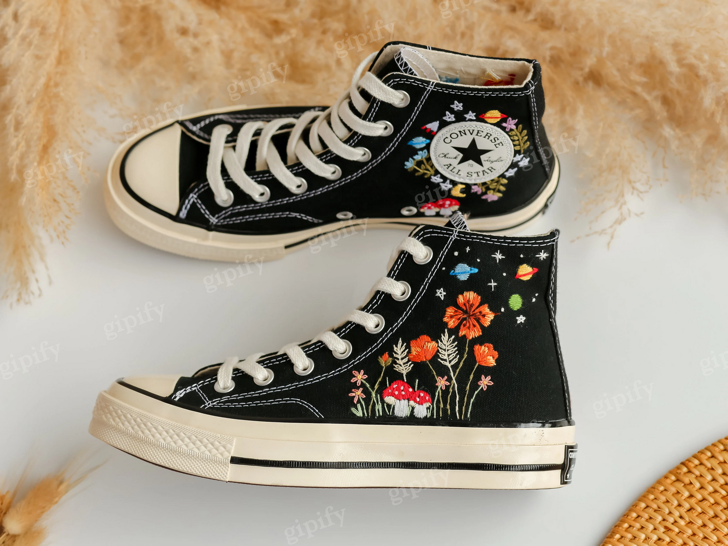 Embroidered Converse High Tops Taylor 1970s, Mushroom and Orange Flower Garden Embroidered Shoes Custom, Moon Universe Embroidered Sneakers