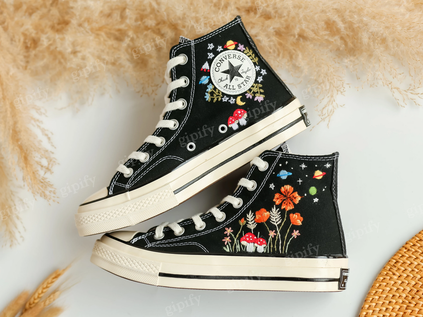 Embroidered Converse High Tops Taylor 1970s, Mushroom and Orange Flower Garden Embroidered Shoes Custom, Moon Universe Embroidered Sneakers