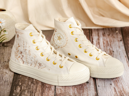 Custom Converse Platform, White Wedding Flowers Embroidered Converse, Bridal Flowers Embroidered Shoes, Flowers Embroidered Sneakers