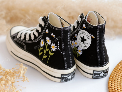 Custom Embroidered Converse High Tops, Daisy Flower Embroidered Converse, Custom Converse Chuck Taylor 1970 Embroidered Daisy Flower and Bee