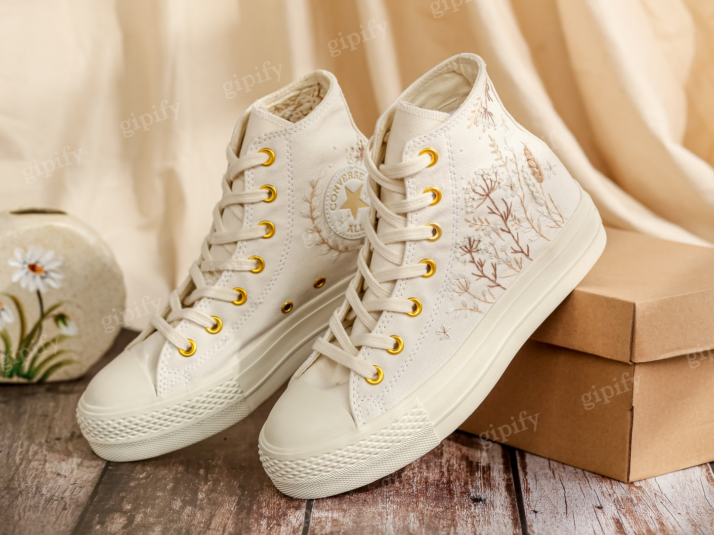 Custom Converse Platform, White Wedding Flowers Embroidered Converse, Bridal Flowers Embroidered Shoes, Flowers Embroidered Sneakers