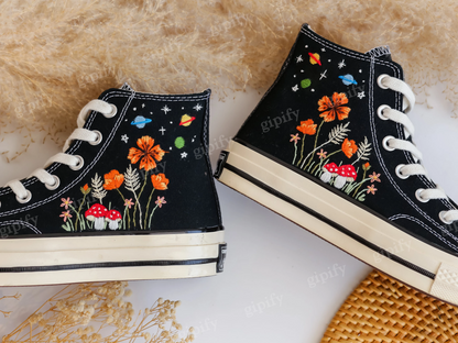 Embroidered Converse High Tops Taylor 1970s, Mushroom and Orange Flower Garden Embroidered Shoes Custom, Moon Universe Embroidered Sneakers