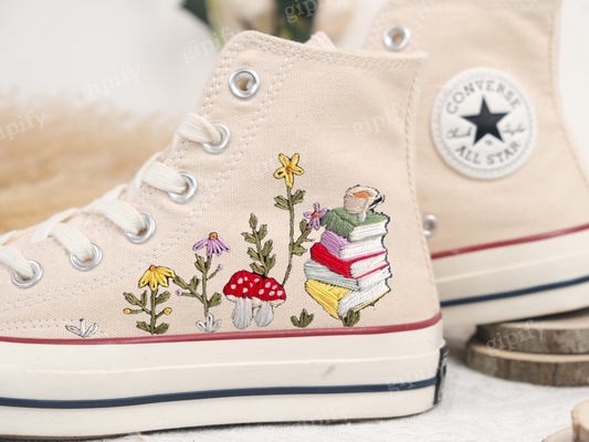 Embroidered Converse/Mushroom Converse/Embroidered Sneakers Mushroom Flower Forest And Stack Of Books/Converse High Tops Chuck Taylor 1970s