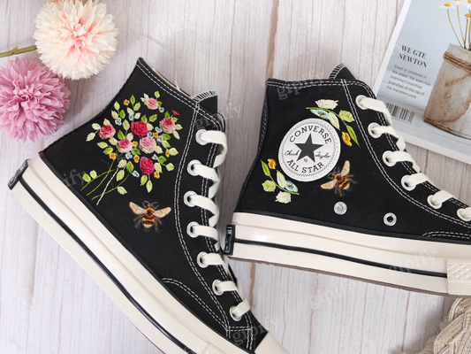 Custom Embroidered Wedding Converse, rose Embroidered Sneakers for Bride, Embroidered Wedding Reception Shoes, Wedding Gifts