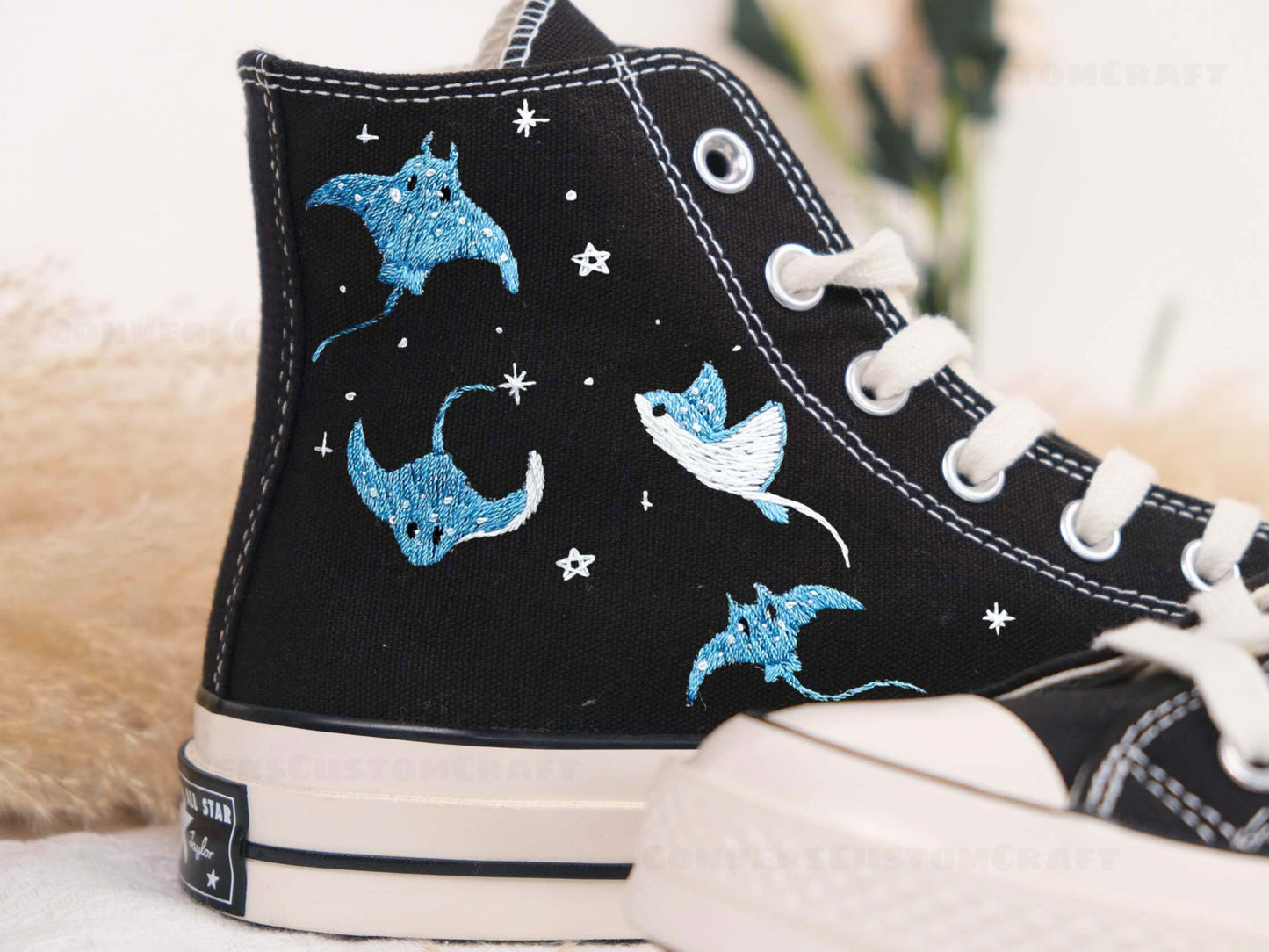 Custom Embroidered Converse High Tops, Custom Converse Chuck Taylor 1970s Manta Ray Embroidered, Ocean Embroidered Shoes Custom, C218LT