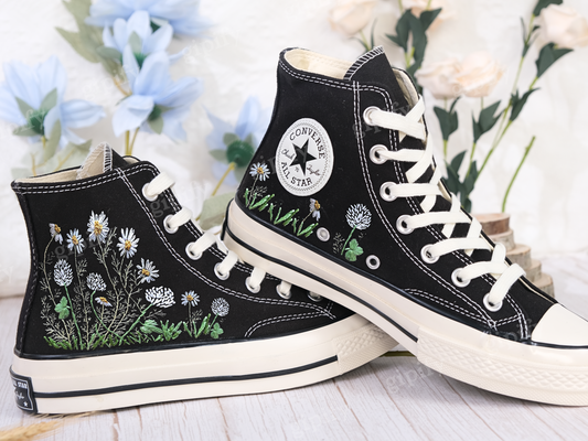 Custom embroidery converse sneakers, Flower Converse, Converse Custom Colorful Daisy Garden, Embroidered Sneakers