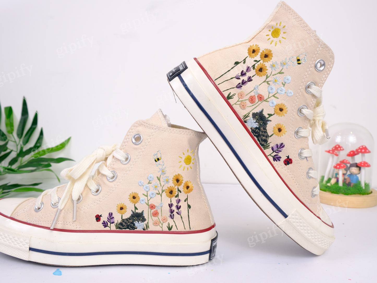 Embroidered Converse/Flower Converse/Custom Converse Pet/Embroidered Converse High Tops Butterfly Cat And Sweet Sunflower Garden