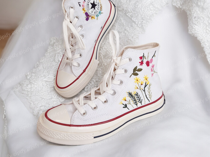 Custom Embroidered Converse Sneakers, Custom Converse High Tops Embroidered Floral,  Wedding Converse for Bride, Handmade Gift